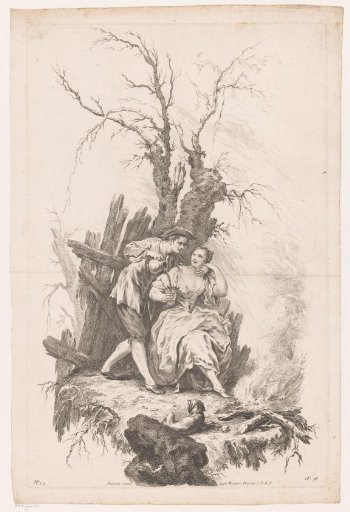 Man and woman with a dog by a fire