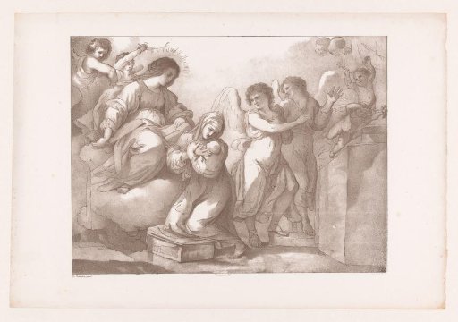 Mother with child kneeling before Mary and angels