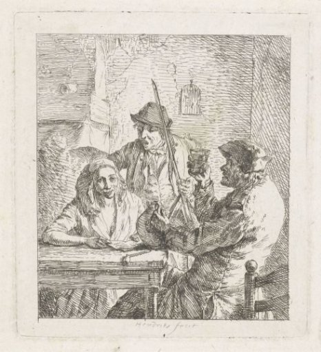 Drinking man, woman, and violinist