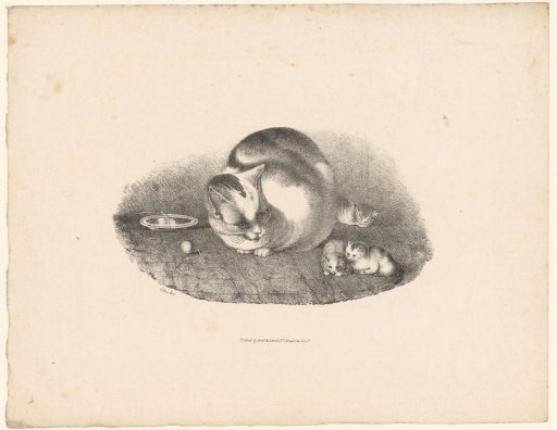 Cat with Three Kittens and a Dish