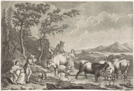 Landscape with shepherds and cattle by a river