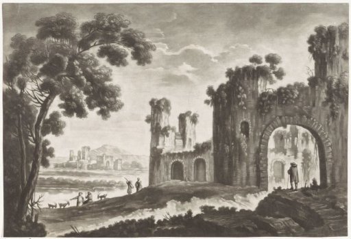 Landscape with ruins, shepherds and walkers