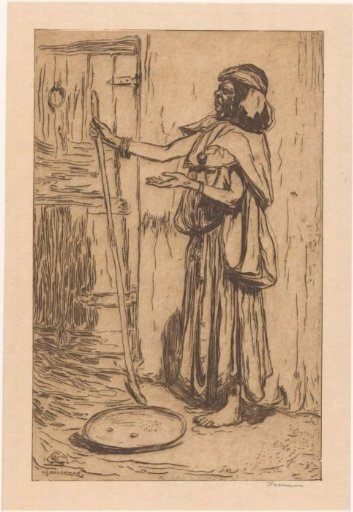 Begging figure with walking stick, possibly in Morocco