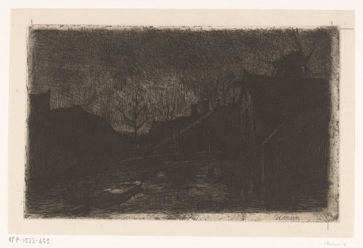 Landscape with houses and mill at evening