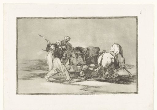 Four men hunting a bull
