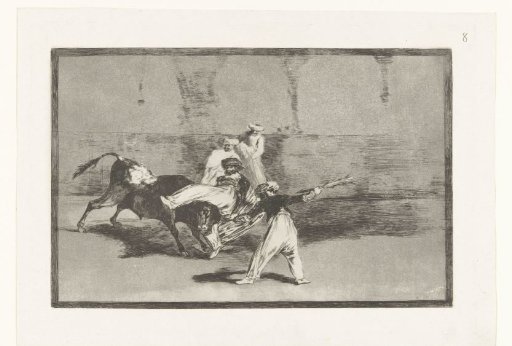 Bull being seized by bullfighters