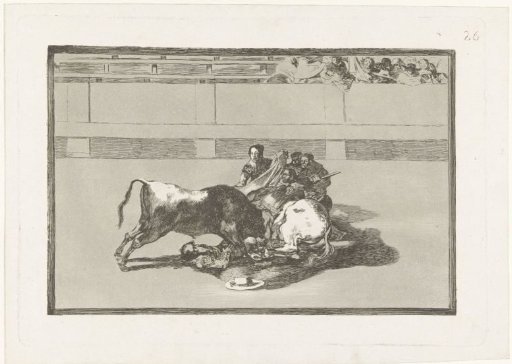 A picador gored from his horse lies beneath the bull