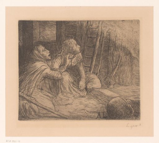 Two kneeling women looking upwards