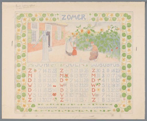 Calendar page for summer 1904 of the Insurance Company Holda in Amsterdam