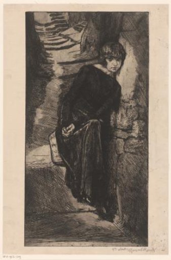 Woman dressed in black, leaning against a wall