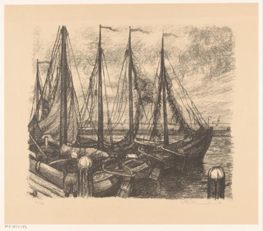 Moored fishing boats in a harbour