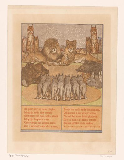Group of wolves before a recumbent lion (Nobel) and lioness (Gentel)