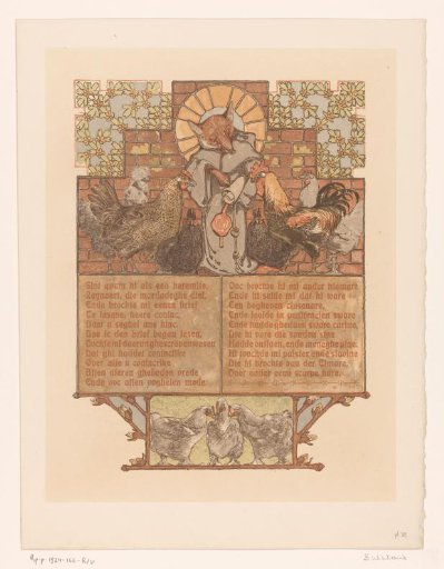 Fox in monk's habit (Reinaert) surrounded by hens and rooster (Cantecleer)