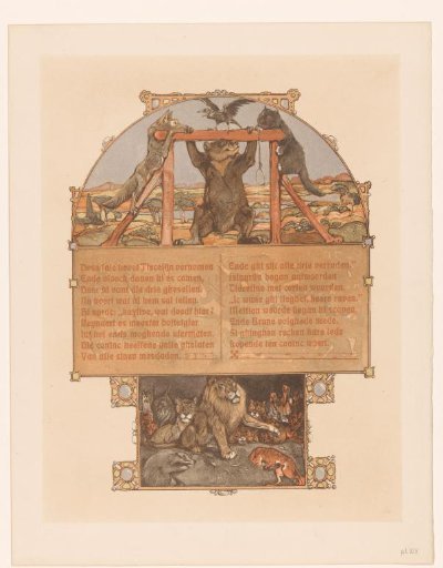 Fox (Reynard), bear (Bruun), cat (Tybeert) and raven (Tiecelijn) at the gallows