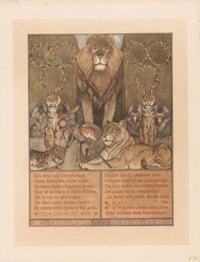 Fox in monk's habit (Reynard) at the feet of lion (Nobel) and lioness (Gentel), amidst other animals