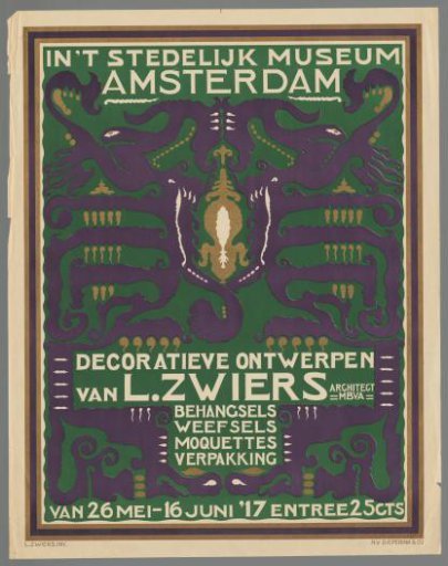 In the Stedelijk Museum Amsterdam decorative designs by L. Zwiers, architect MBVA. Wallpapers - textiles - moquettes - packaging from 26 May - 16 June '17.