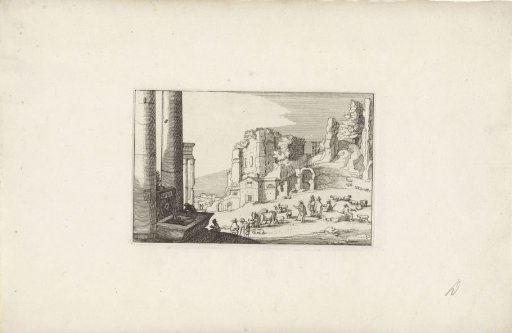 Hilly landscape with a fountain and shepherds