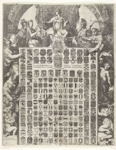 The 64 Coats of Arms of Prince William III in an Allegorical Frame, 1672