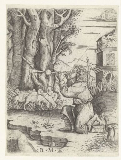 Shepherd blowing on a shawm with a flock of sheep in a landscape