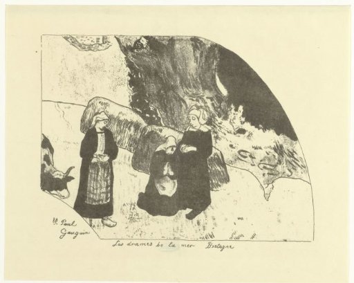 Three women and a cow on rocks by the sea.