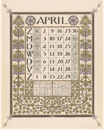 Calendar page for April 1899