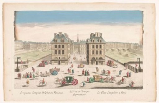 View of the Place Dauphine with the built-up Pont au Change and the Pont Saint-Michel over the river Seine in Paris