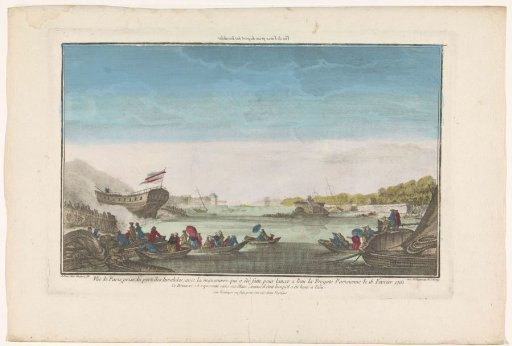 View of the Port des Invalides in Paris with the launching of the Paris frigate on February 18, 1761