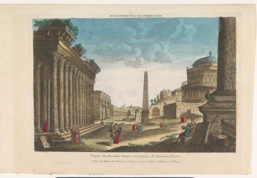 View of the ruins of the Column of Trajan, the Arch of Constantine, and other monuments in Rome