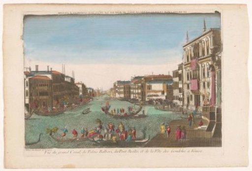 View of the Grand Canal with gondolas, the Palazzo Balbi, and the Rialto Bridge in Venice
