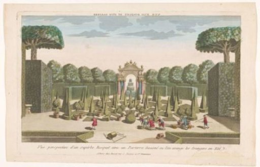 View of a Parterre with Trees, Hedges, and Lawns, where Orange Trees are Placed in Summer