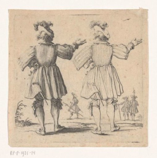 Twice the same soldier with a large plumed hat and raised arm, seen from the back