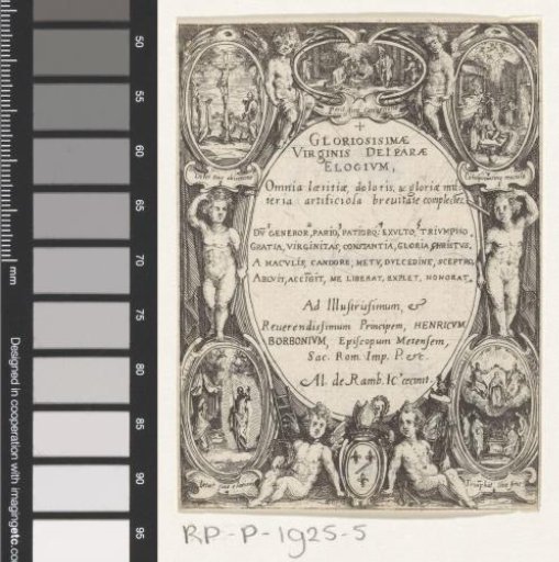 Cartouche surrounded by putti and scenes from the life of Mary
