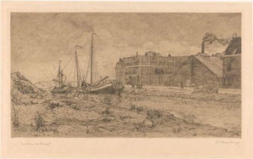 Moored barges near a factory