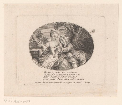 Playful scene with a boy playing the flute and a girl with a bird