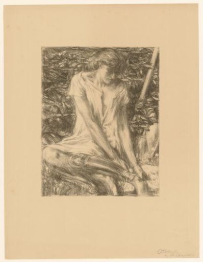 Woman sitting with her feet in the water near a bush