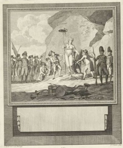 Soldiers decorating a statue of a woman with a spear and liberty cap with garlands of laurel