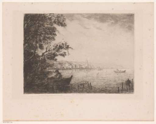 View of a village on a lake with a fisherman on the left