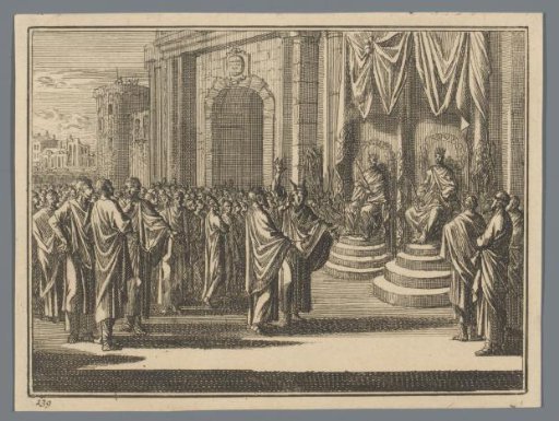 Two men delivering a speech before a throne, upon which two princes sit, with many listeners to the left