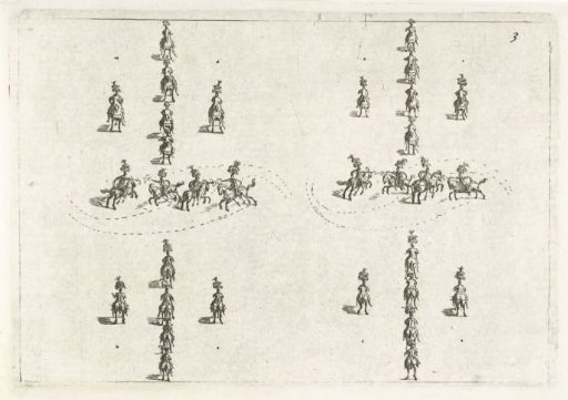 Four groups of riders and horses in motion