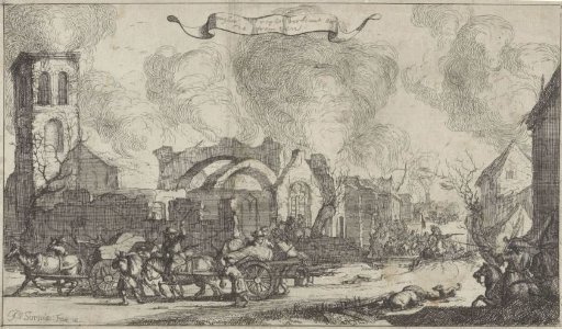 French troops marching, plundering and shooting through the ruins of the village of Nigtevecht, 1672