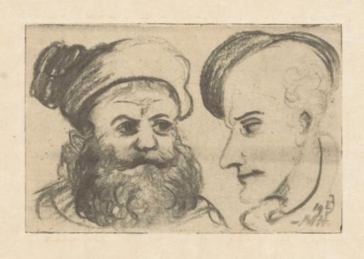 Bald man in profile and man with beard and cap