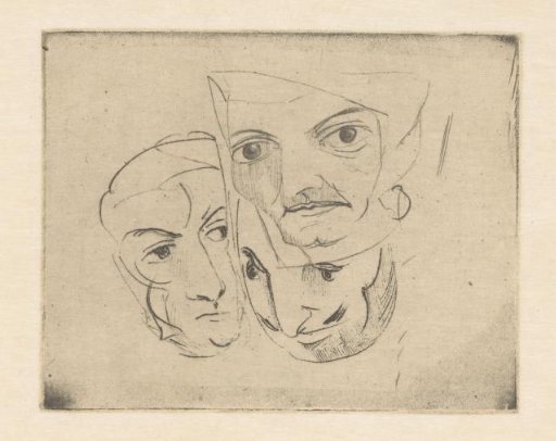 Three mask-like faces