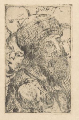 Man with beard surrounded by three figures