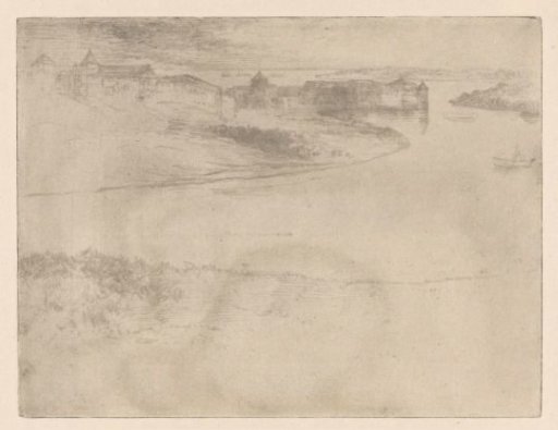 River landscape with a fortified town