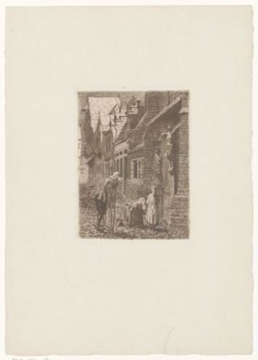 Man with Crutches, Woman and Child Praying Before a Crucifix in a Street