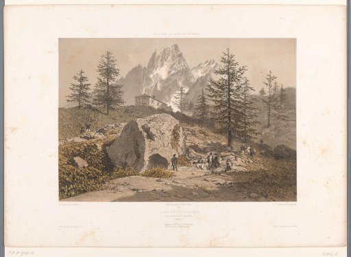 Landscape with walkers and view of the Aiguille des Grands Charmoz