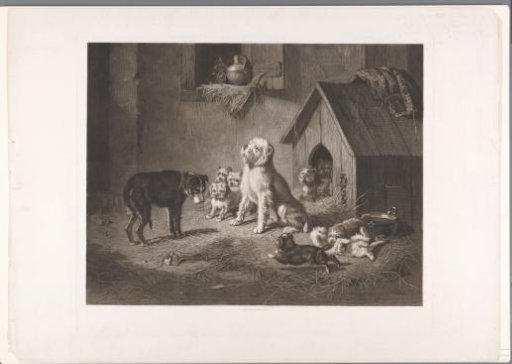Ten dogs in and in front of a doghouse