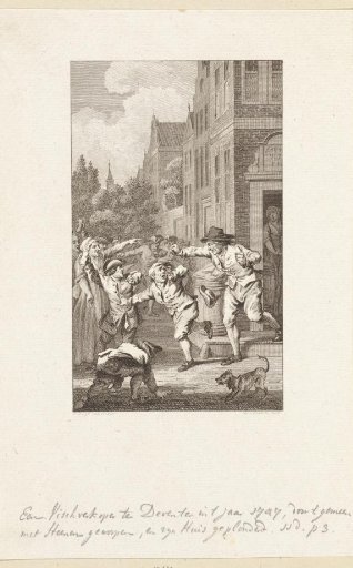 A fishmonger in Deventer pelted with stones by the common people, 1747. print by: v.a.l.