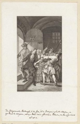 Burgomaster Westerwijk taken out of prison in Ter Goes, 1692. print by: v.a.l.