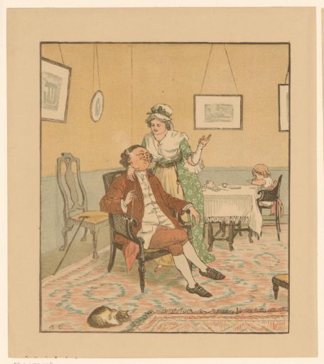 Woman puts her arm around the neck of a seated man, who looks up at her